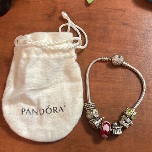 Pandora Sterling Silver and CZ Heart Charm Bracelet with 7 Pandora Charms